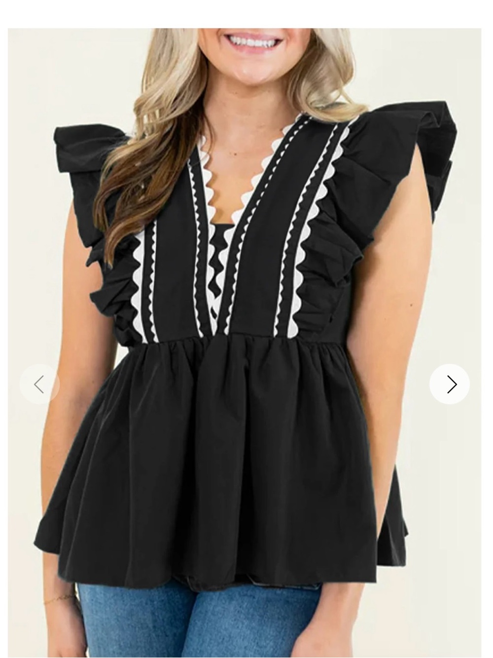 Etro Black Peplum Ruffle V-Neck Top with White Trim